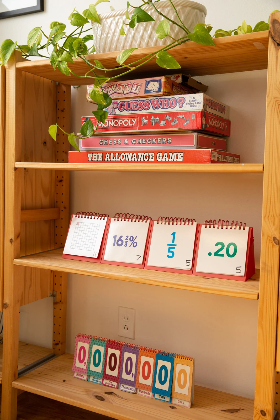 A learning station with organized books and materials.